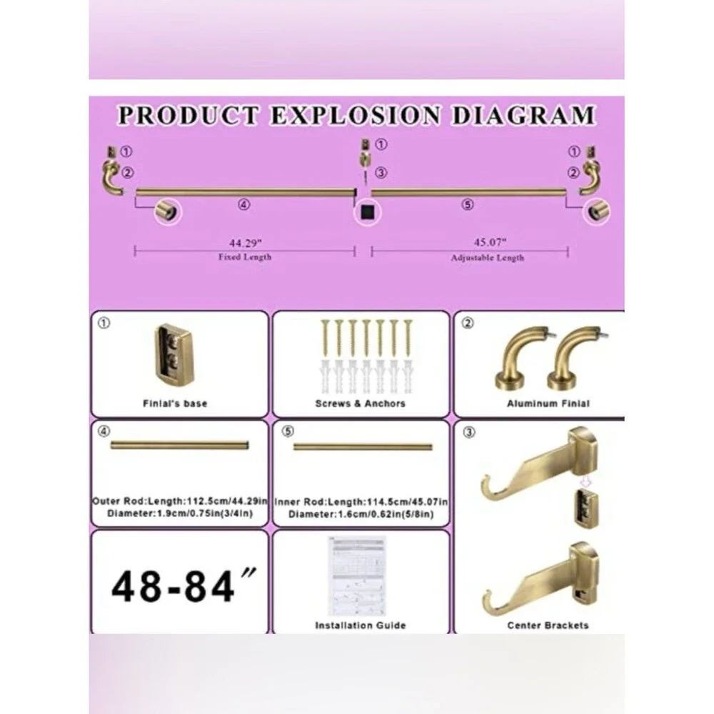 (2) Antique Bronze Curtain Rod 48-84 Inches